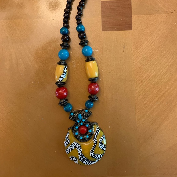 Hand painted beaded yellow and blue necklace. - Picture 1 of 4